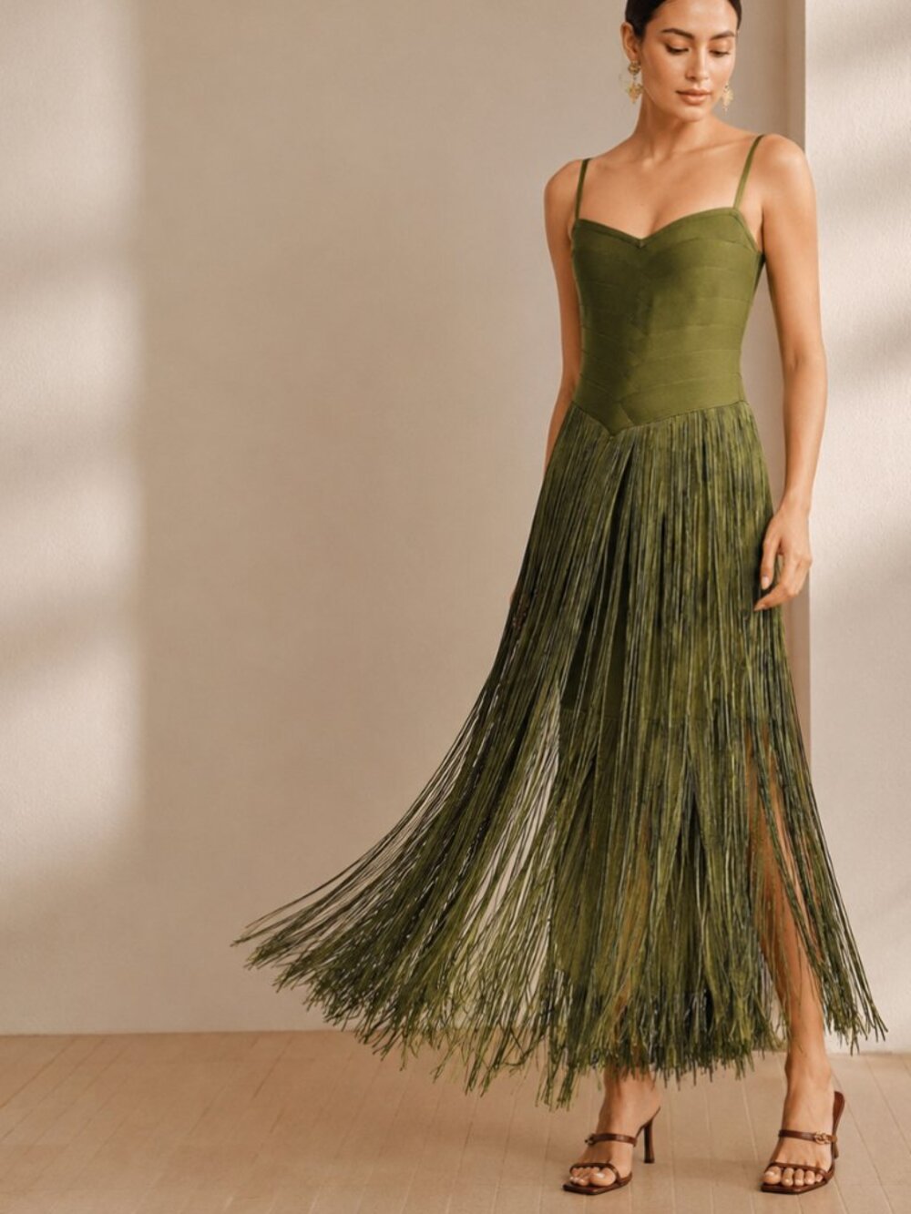 Olive Olive Green Fringe Cami Bandage Bodycon Spaghetti Strap Maxi Dress